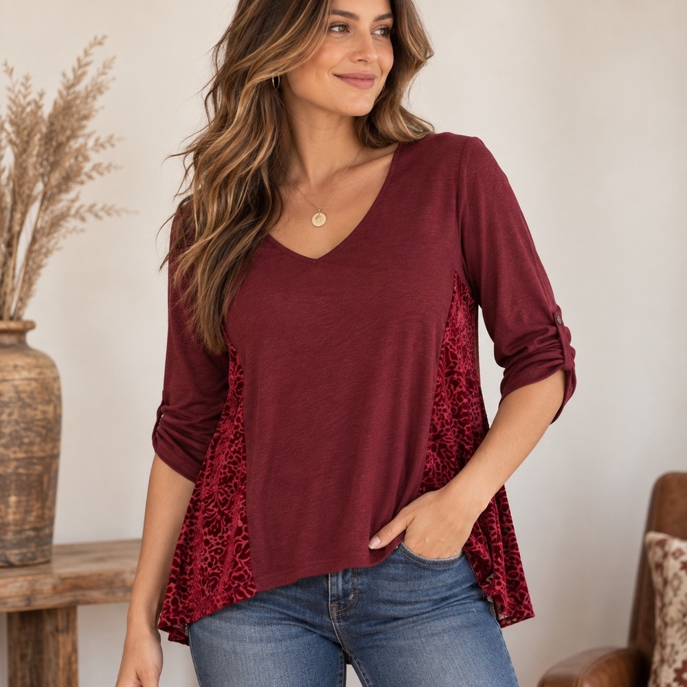 Catherines Womens‎ Burgundy V Neck 3/4 Sleeve Burnout Velvet Side Panel Top 2X